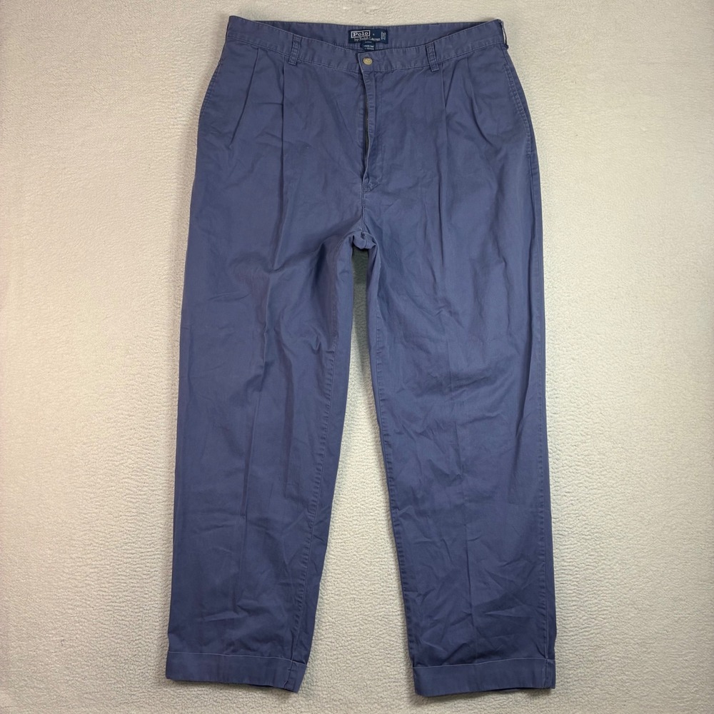 Vintage Polo Ralph Lauren Hammond Chino Pant Men 38x30 Blue Pleated Preppy Cuff